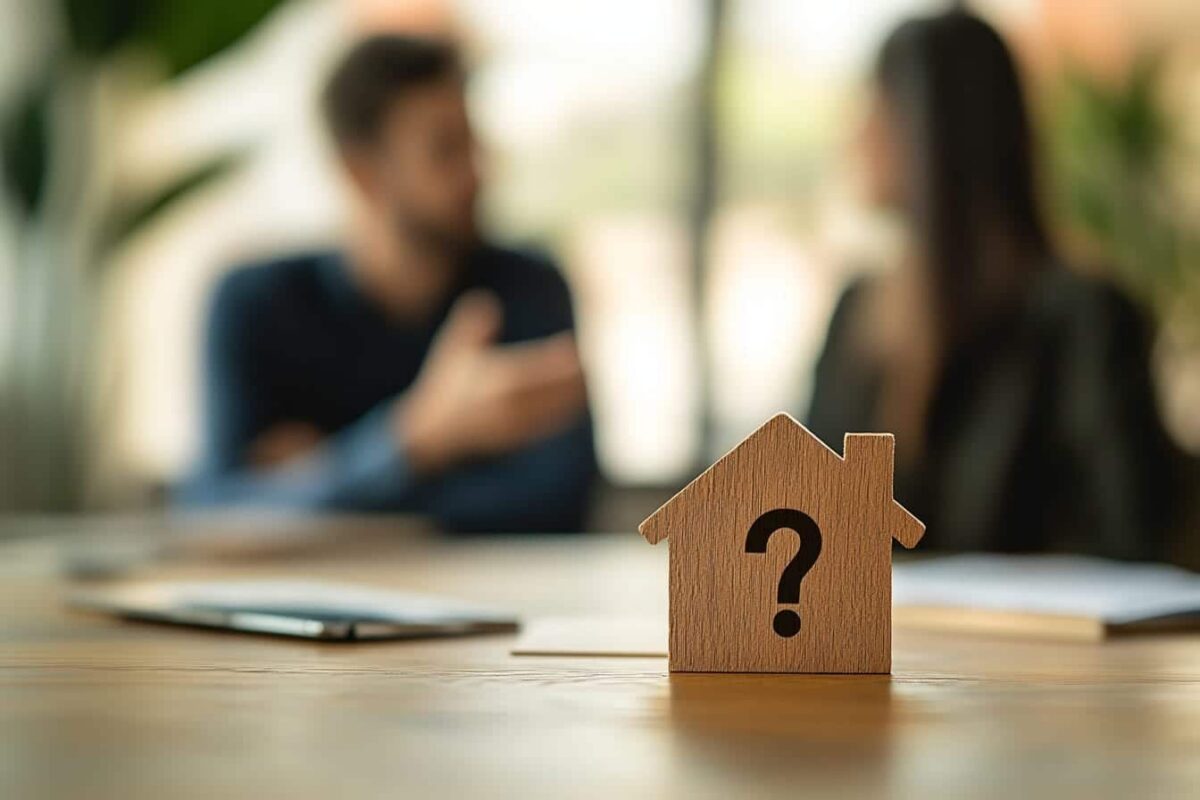 Homebuyers discussing property options with a house model and question mark, representing real estate questions and purchasing decisions.